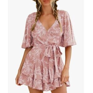 New AIMCO Women Pink Flared Short Sleeve Tie Waist Layered Ruffle Hem Romper L